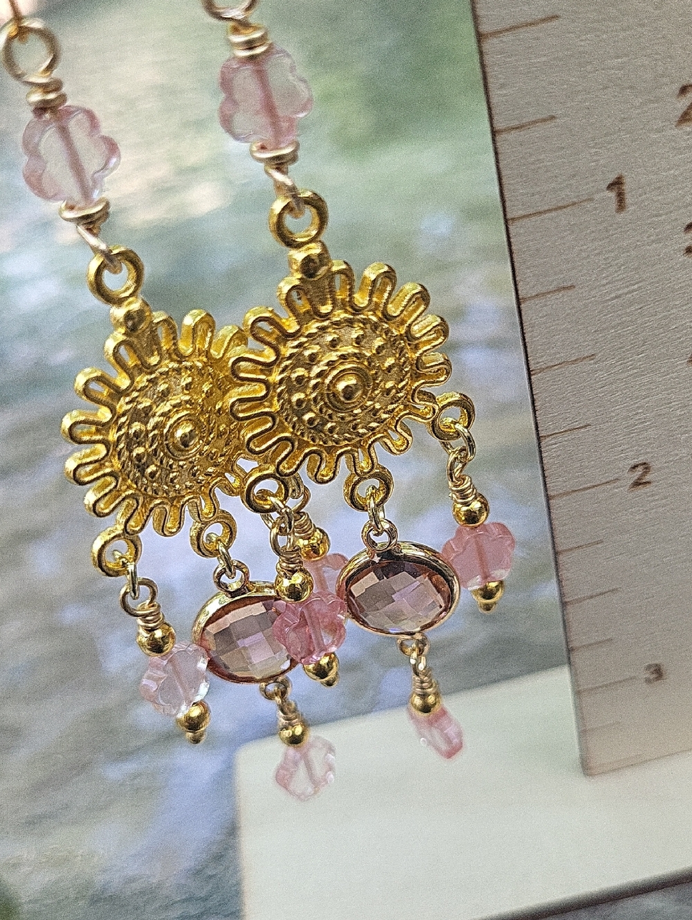 Sparkley and Gold Floral Sunburst Dangle Earrings with Pink Czech Beads